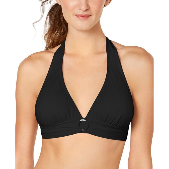 NWT Michael by Michael Kors Solid Logo Ring Swim Bikini Halter Top Black L - Picture 2 of 8